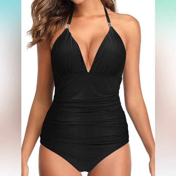 Women V Neck One Piece Swimsuits Tummy Control Ruched Halter Bathing Suit - Picture 2 of 12
